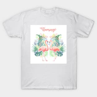 Lovely Fairy Tale For Two Flamingo Tropical Flowers Watercolor T-Shirt